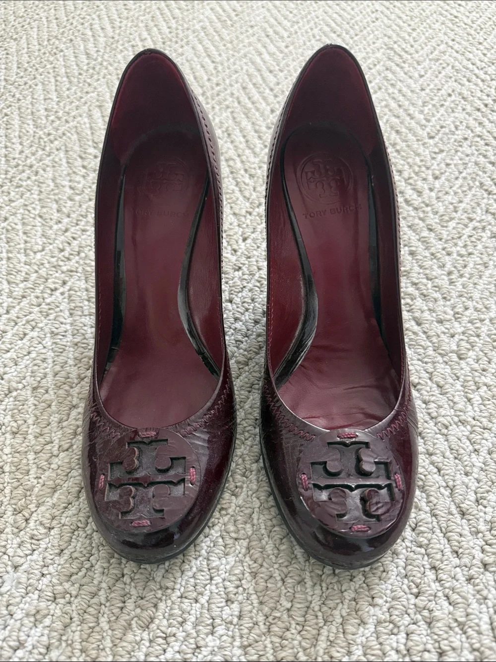 Tory Burch Burgundy Patent Wedge Pumps with Logo Detail